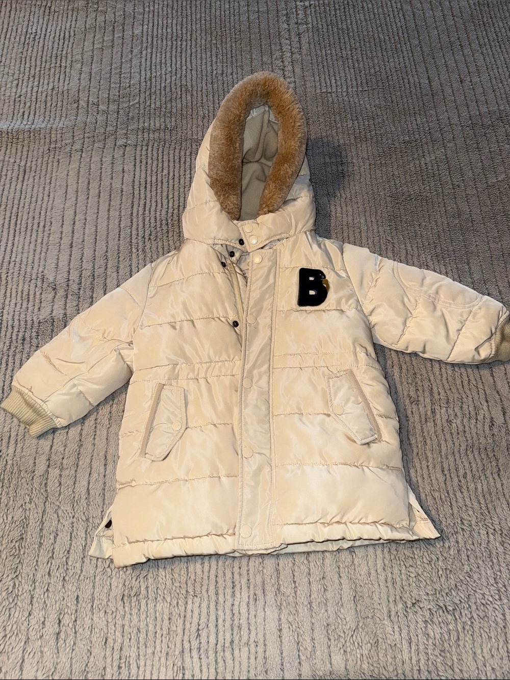 Kids Cream Puffer Coat with Faux Fur Hood